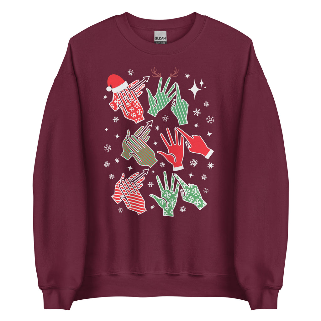 Maroon coloured Merry Christmas sweatshirt saying HO HO HO and BSL fingerspelling.