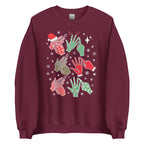 Maroon coloured Merry Christmas sweatshirt saying HO HO HO and BSL fingerspelling.