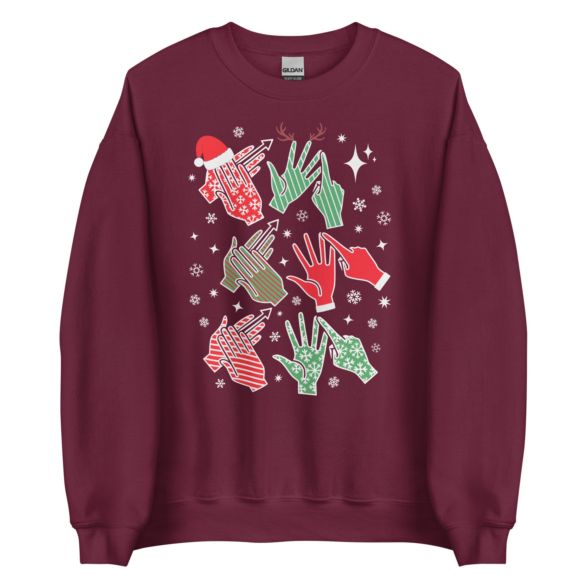 Maroon coloured Merry Christmas sweatshirt saying HO HO HO and BSL fingerspelling.
