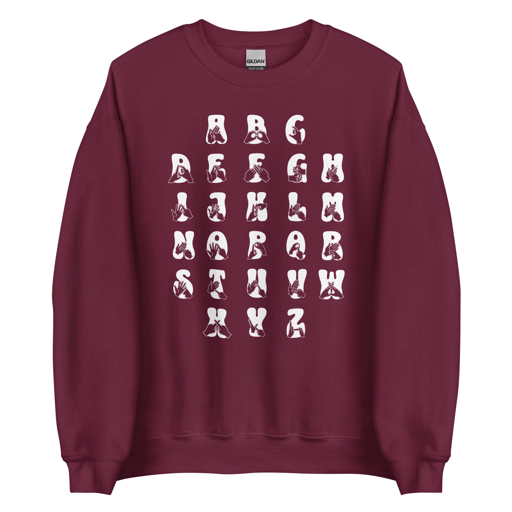 Front view of a maroon sweatshirt with BSL Alphabet - White Fingerspelling & Text