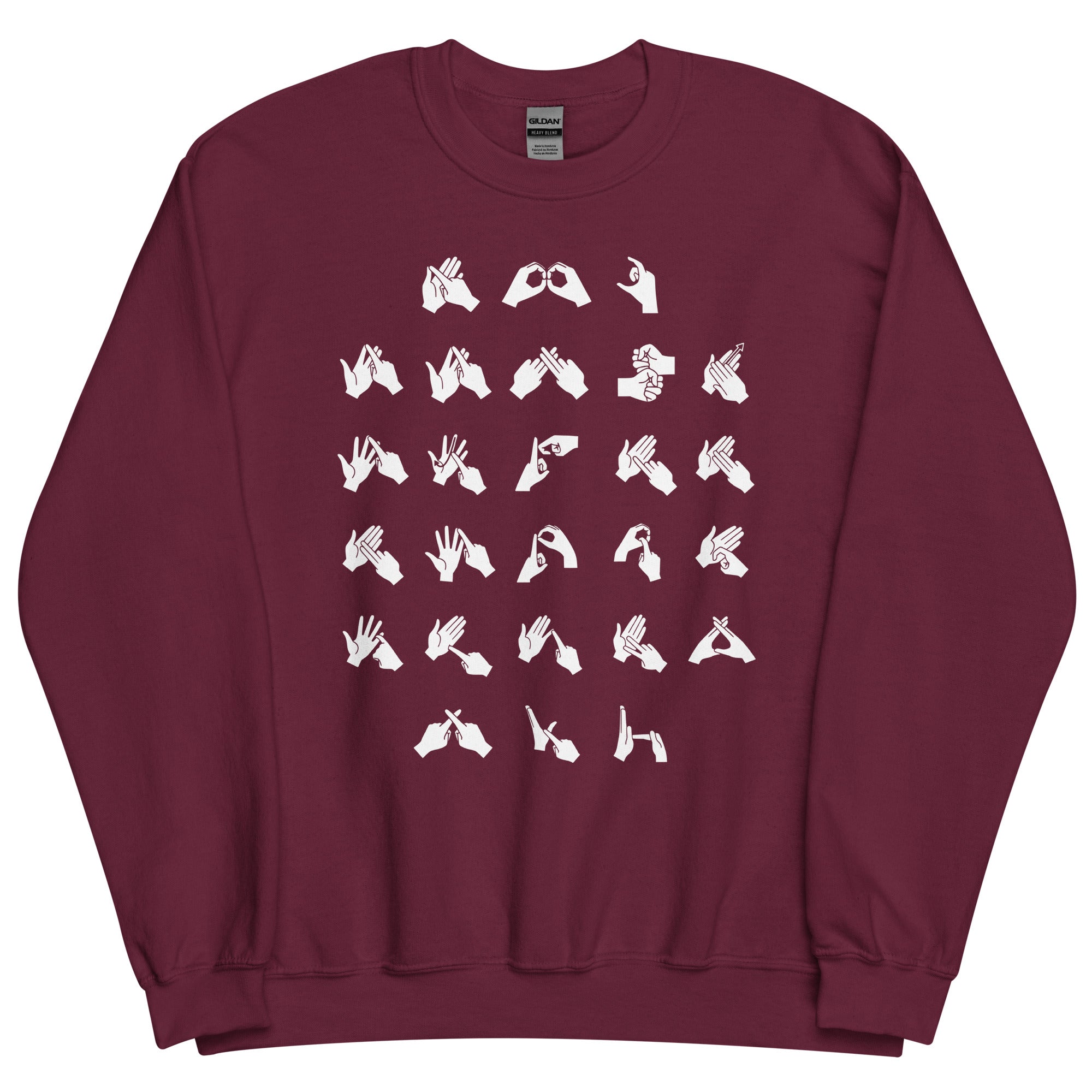 Front view of a maroon sweatshirt with BSL Alphabet - White Fingerspelling