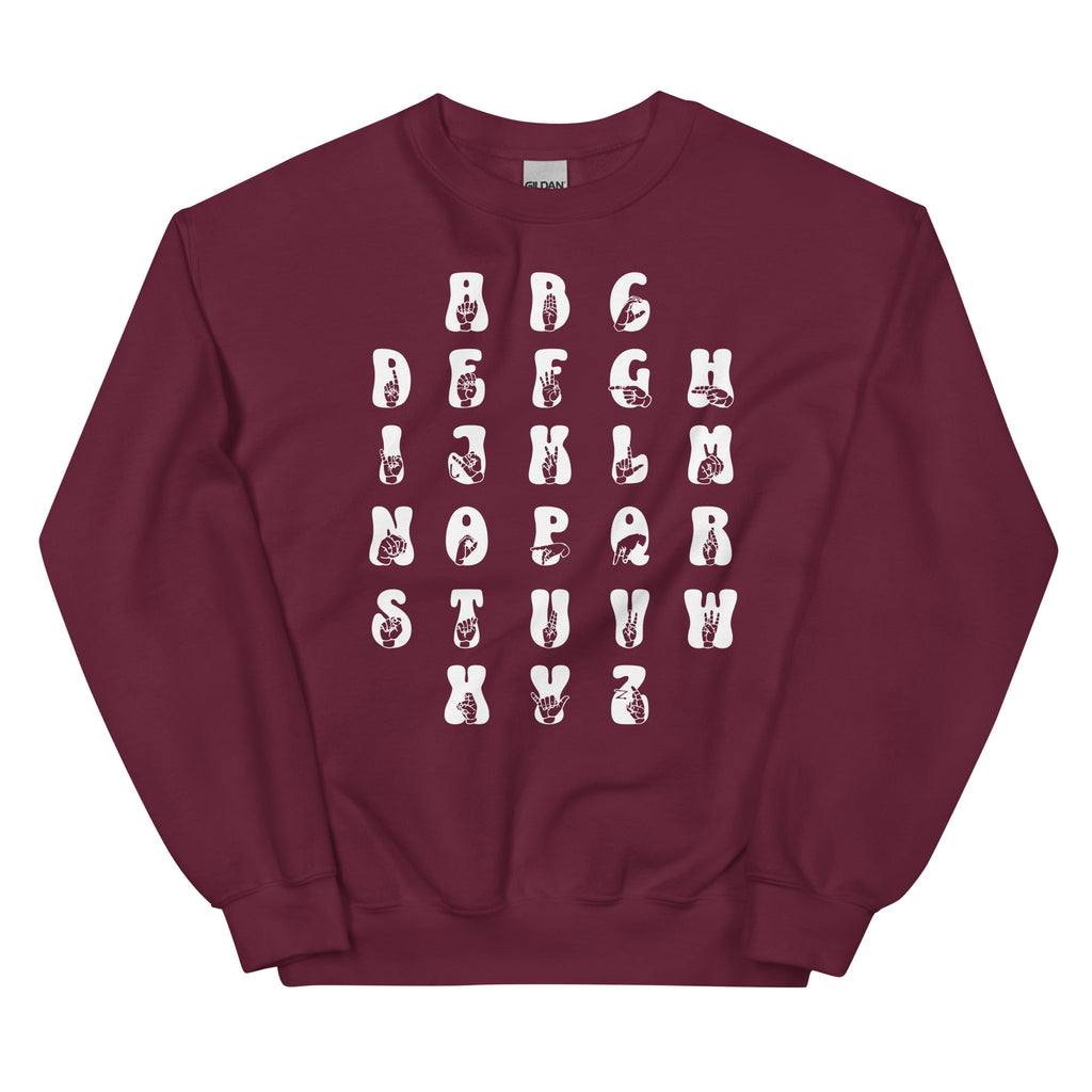 Front view of a maroon sweatshirt with ASL Alphabet - White Fingerspelling & Text