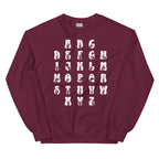 Front view of a maroon sweatshirt with ASL Alphabet - White Fingerspelling & Text