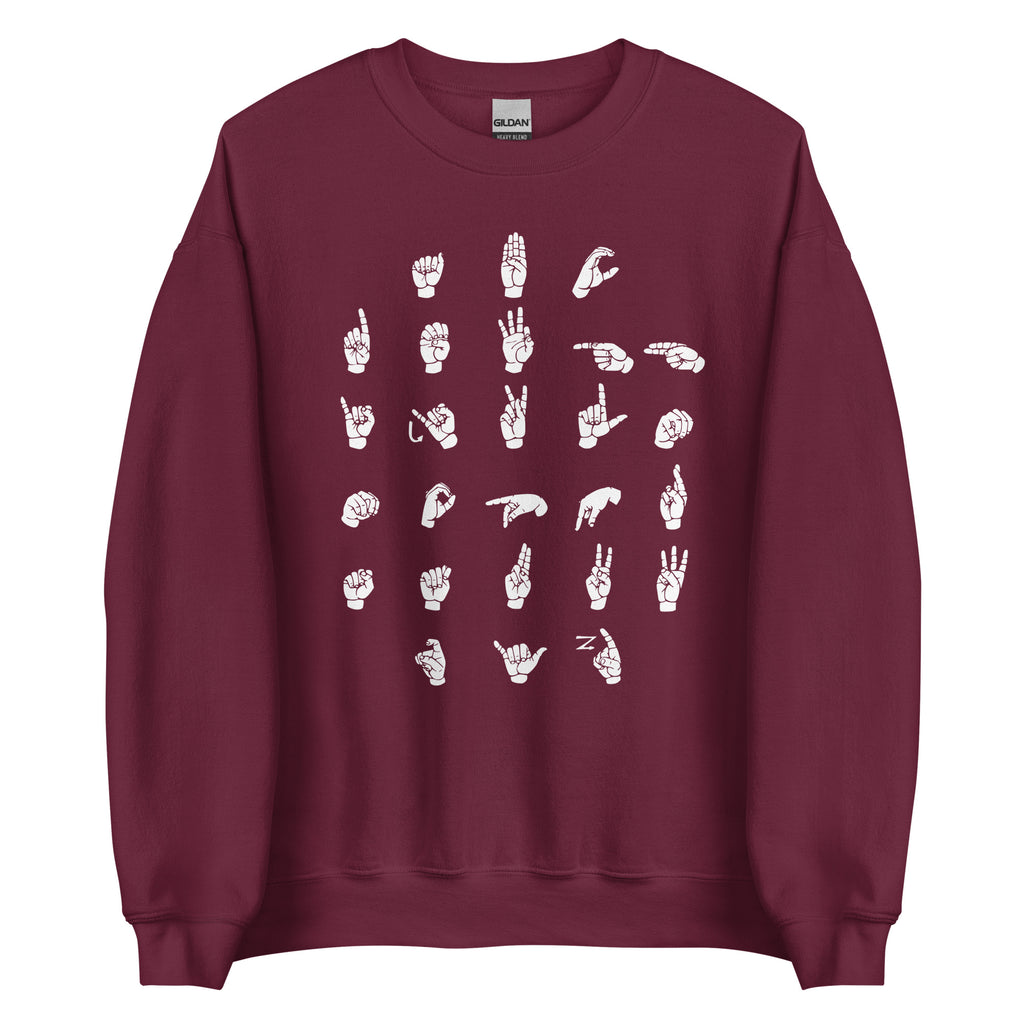 Front view of a maroon sweatshirt with ASL Alphabet - White Fingerspelling