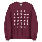 Front view of a maroon sweatshirt with ASL Alphabet - White Fingerspelling