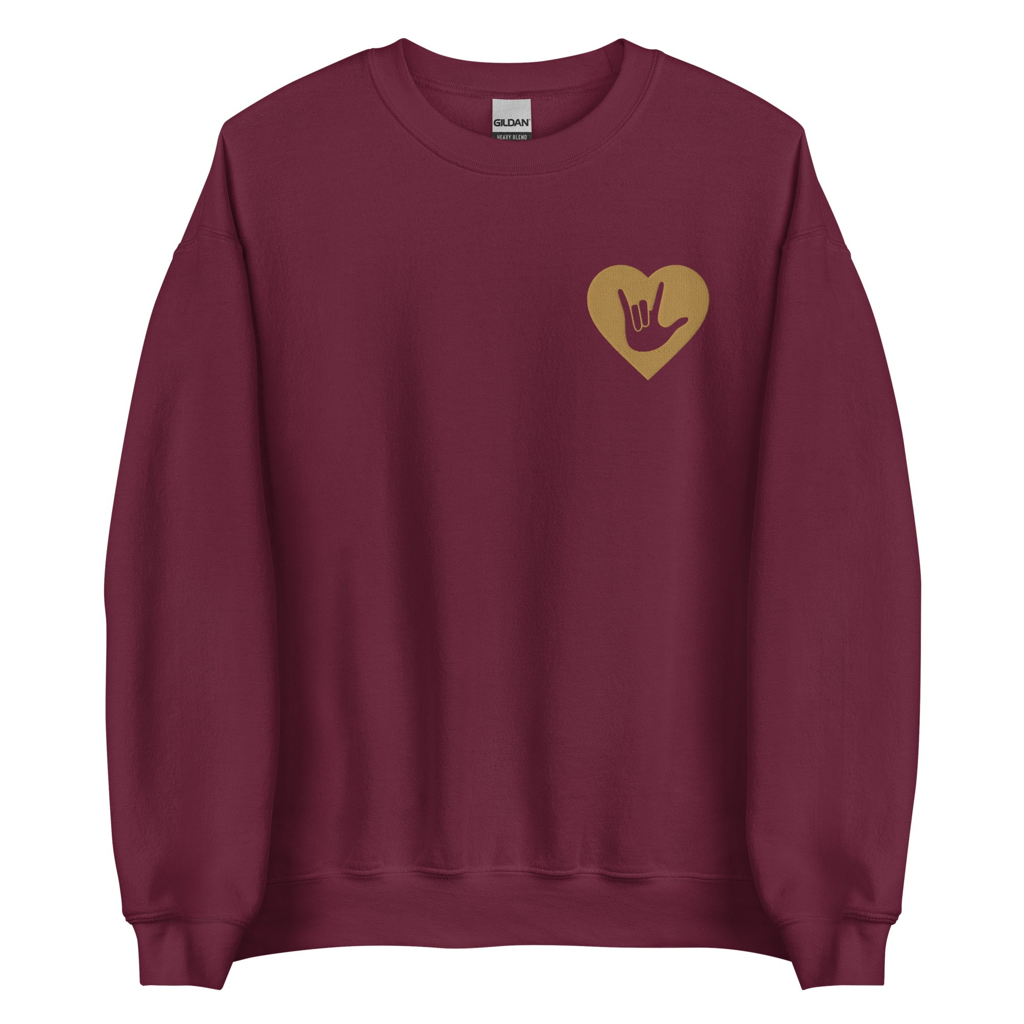 Front view of a maroon sweatshirt showing a gold coloured heart and the iconic ASL I Love You sign embedded in it on the left side of the chest
