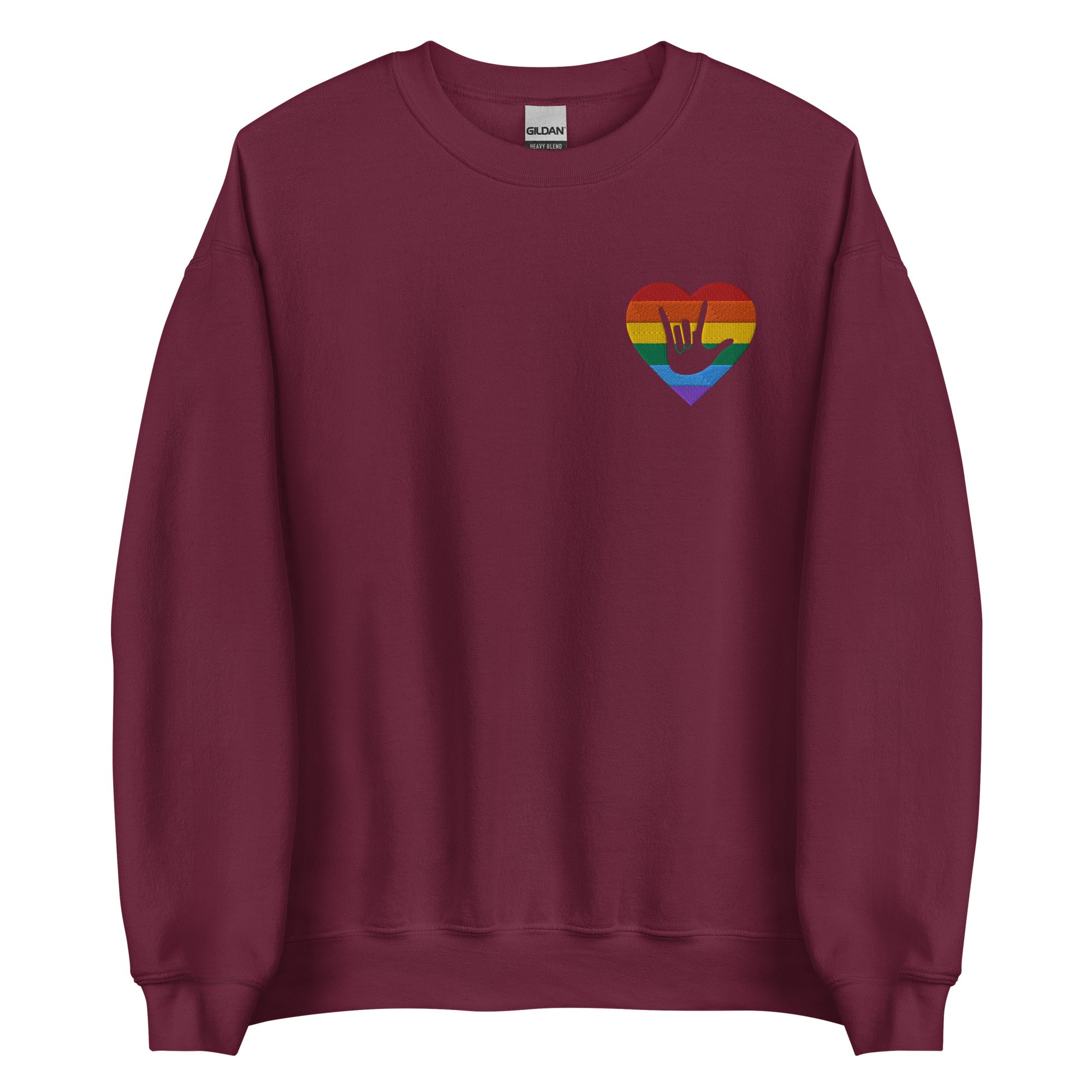 Front view of a maroon sweatshirt showing a pride coloured heart and the iconic ASL I Love You sign embedded in it on the left side of the chest