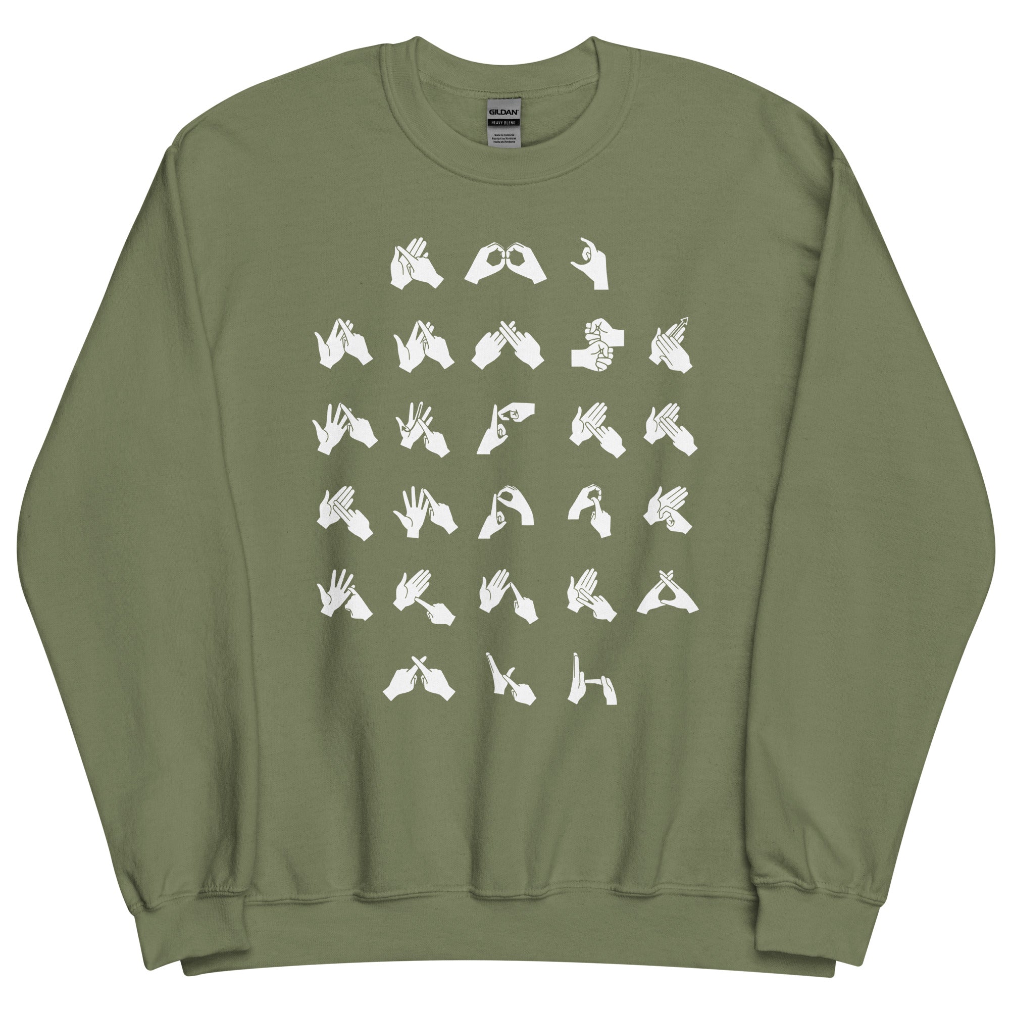 Front view of a military green sweatshirt with BSL Alphabet - White Fingerspelling