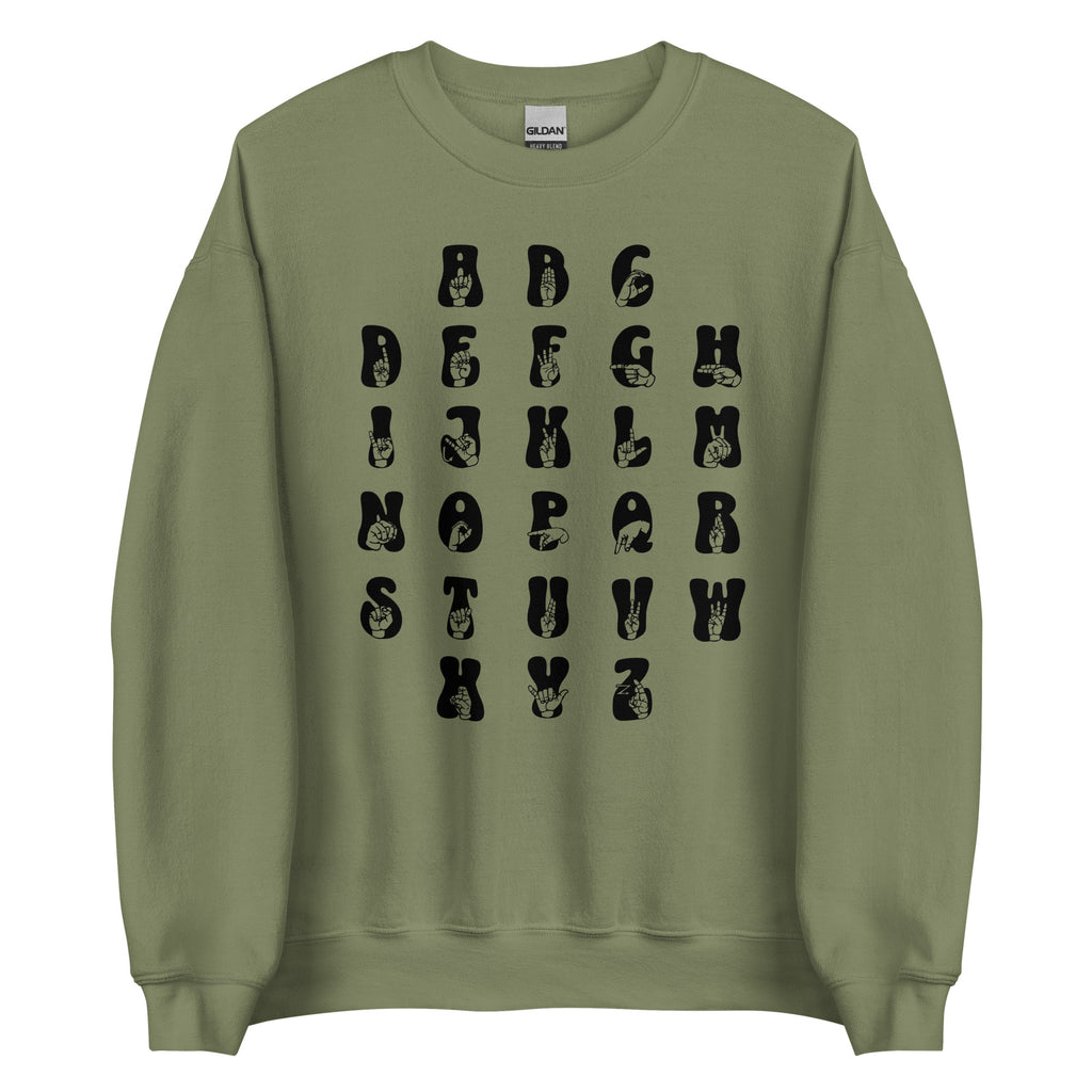 Front view of a military green sweatshirt with ASL Alphabet - Black Fingerspelling & Text