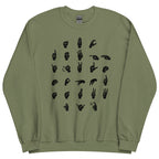 Front view of a military grey sweatshirt with ASL Alphabet - Black Fingerspelling