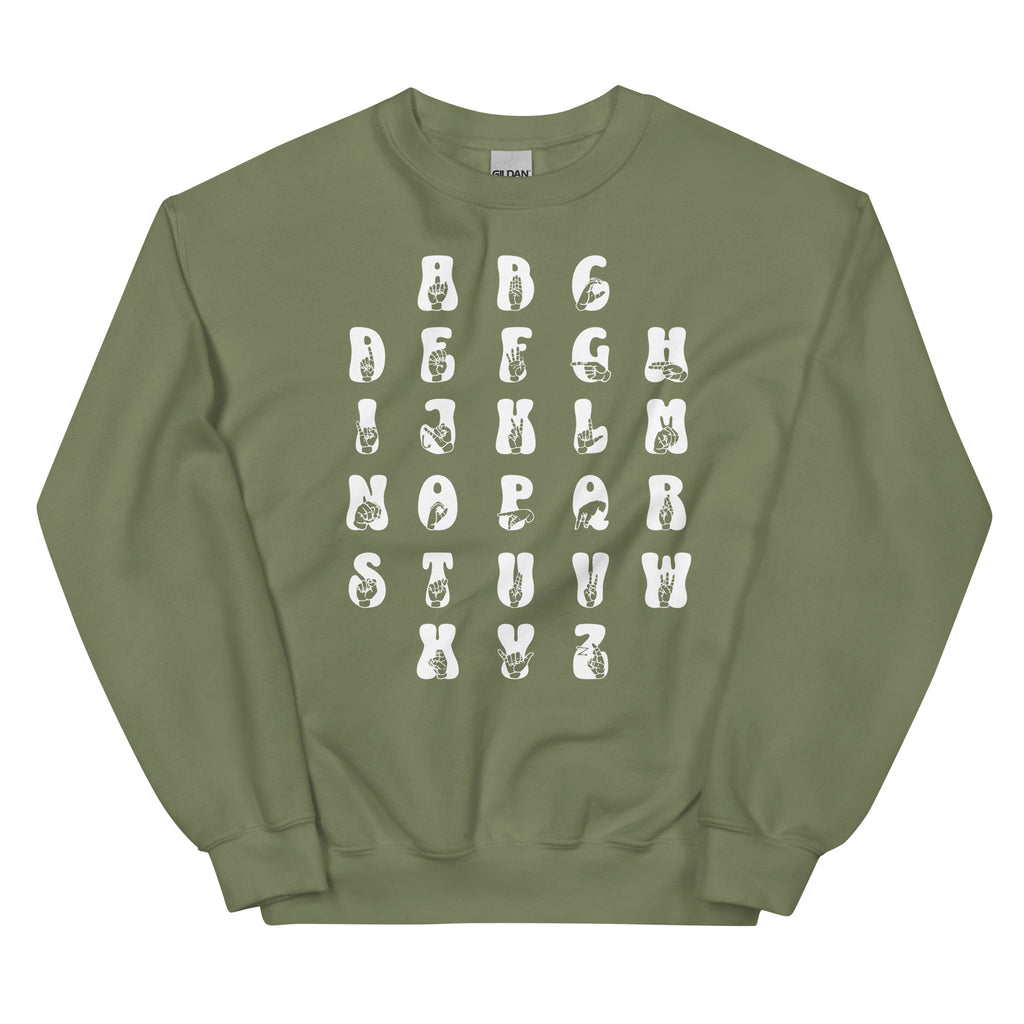 Front view of a military green sweatshirt with ASL Alphabet - White Fingerspelling & Text