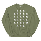 Front view of a military green sweatshirt with ASL Alphabet - White Fingerspelling & Text