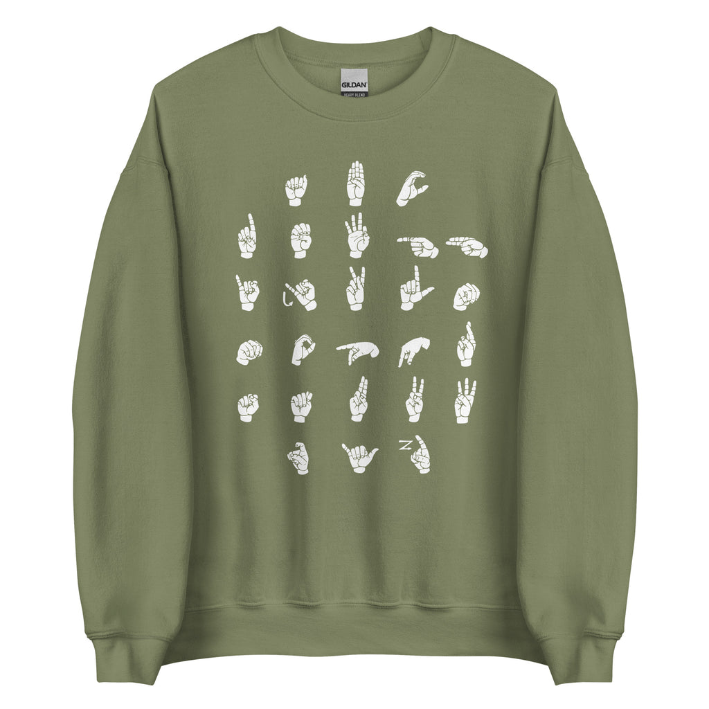 Front view of a military green  sweatshirt with ASL Alphabet - White Fingerspelling