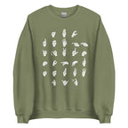 Front view of a military green  sweatshirt with ASL Alphabet - White Fingerspelling