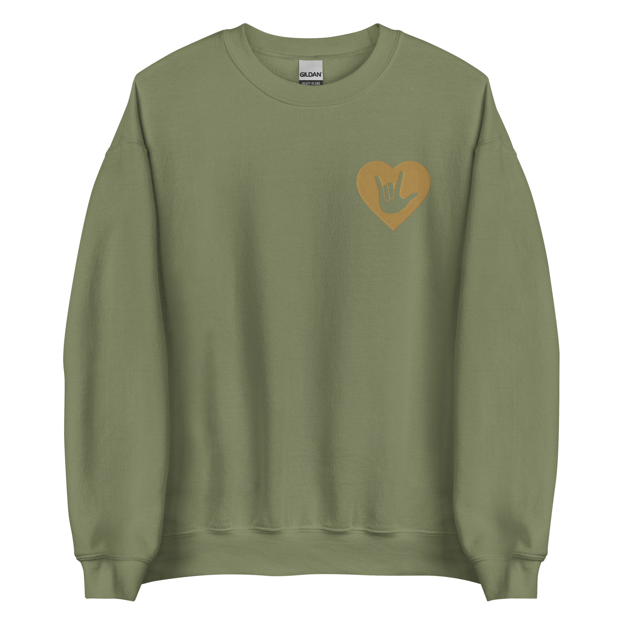 Front view of a military green sweatshirt showing a gold coloured heart and the iconic ASL I Love You sign embedded in it on the left side of the chest