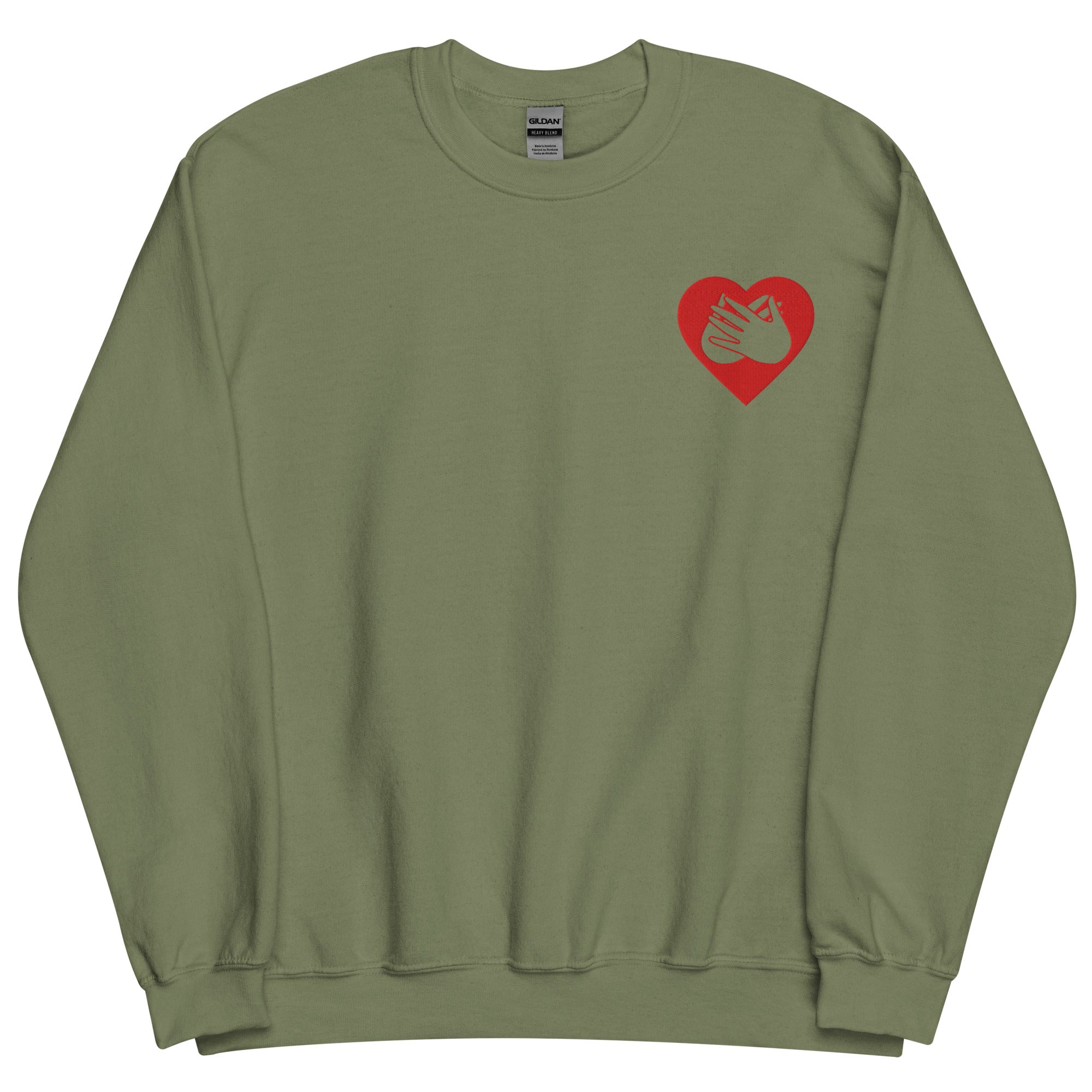 Front view of a military green sweatshirt showing a red coloured heart and the iconic BSL Love sign embedded in it on the left side of the chest
