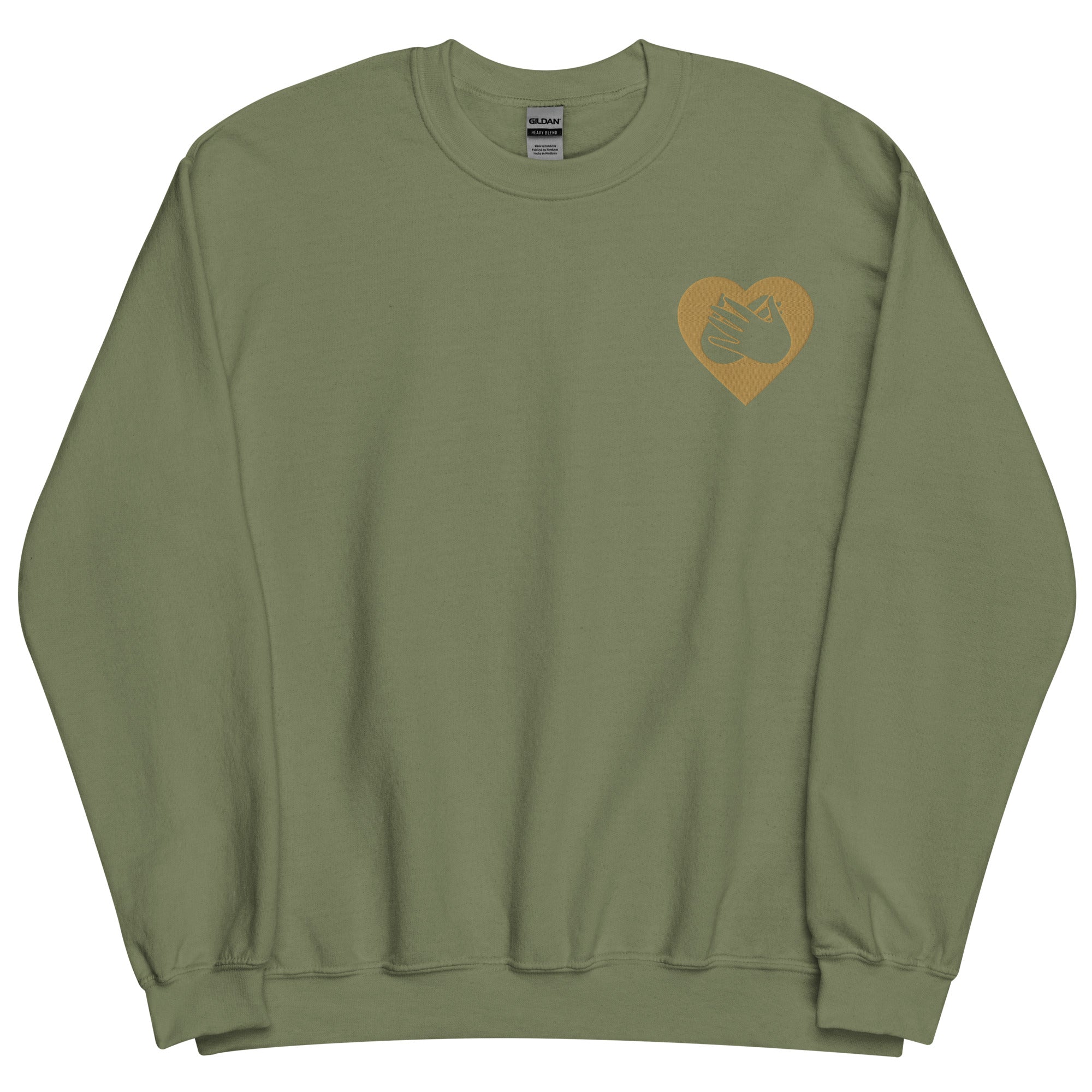 Front view of a military green sweatshirt showing a gold coloured heart and the iconic BSL Love sign embedded in it on the left side of the chest