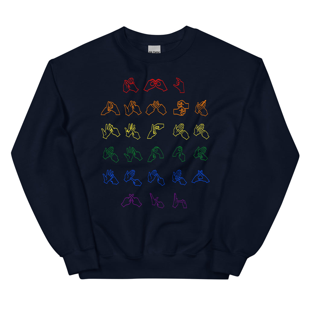 Front view of a navy sweatshirt with BSL Alphabet - Pride Fingerspelling