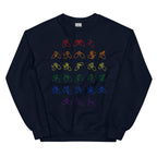 Front view of a navy sweatshirt with BSL Alphabet - Pride Fingerspelling