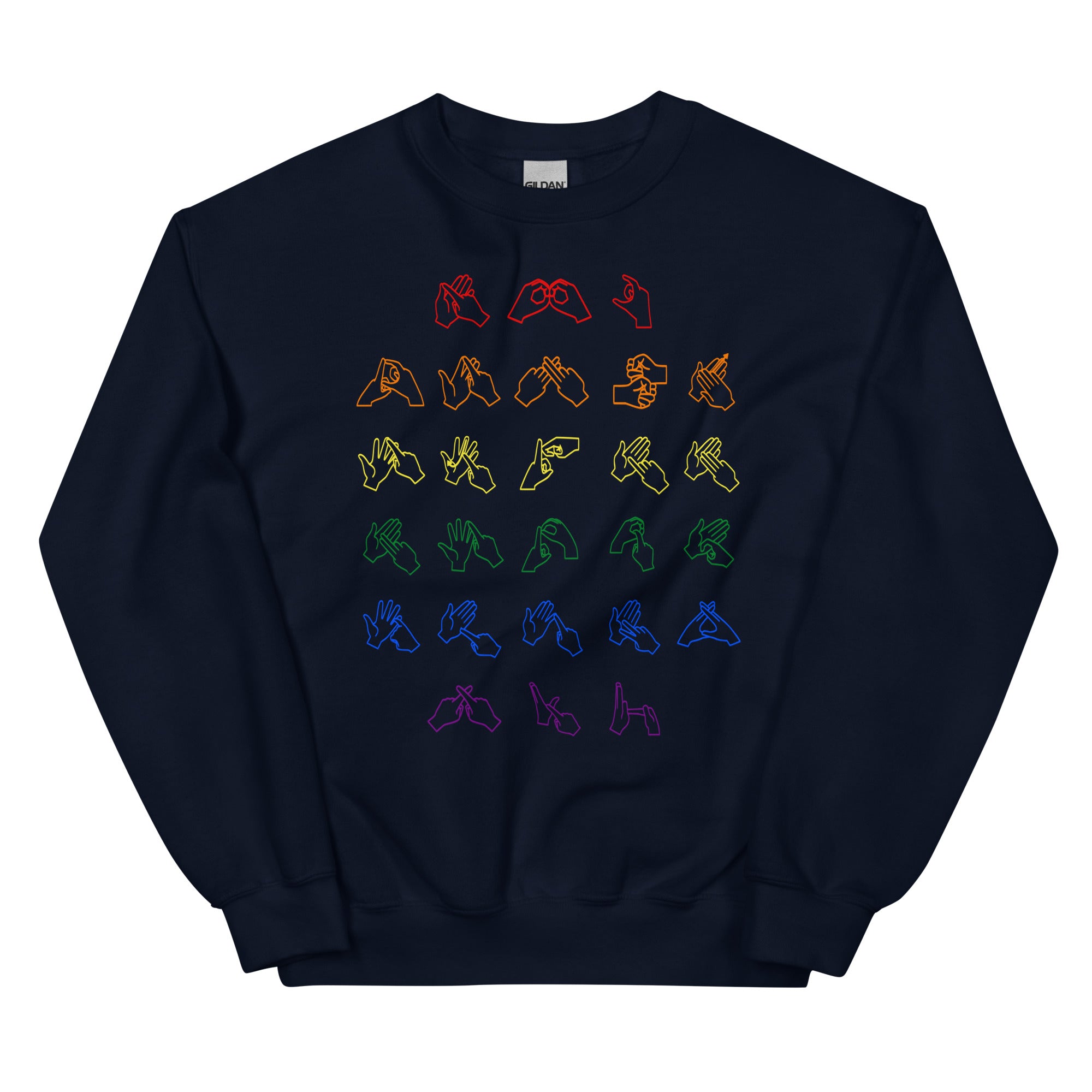 Front view of a navy sweatshirt with BSL Alphabet - Pride Fingerspelling
