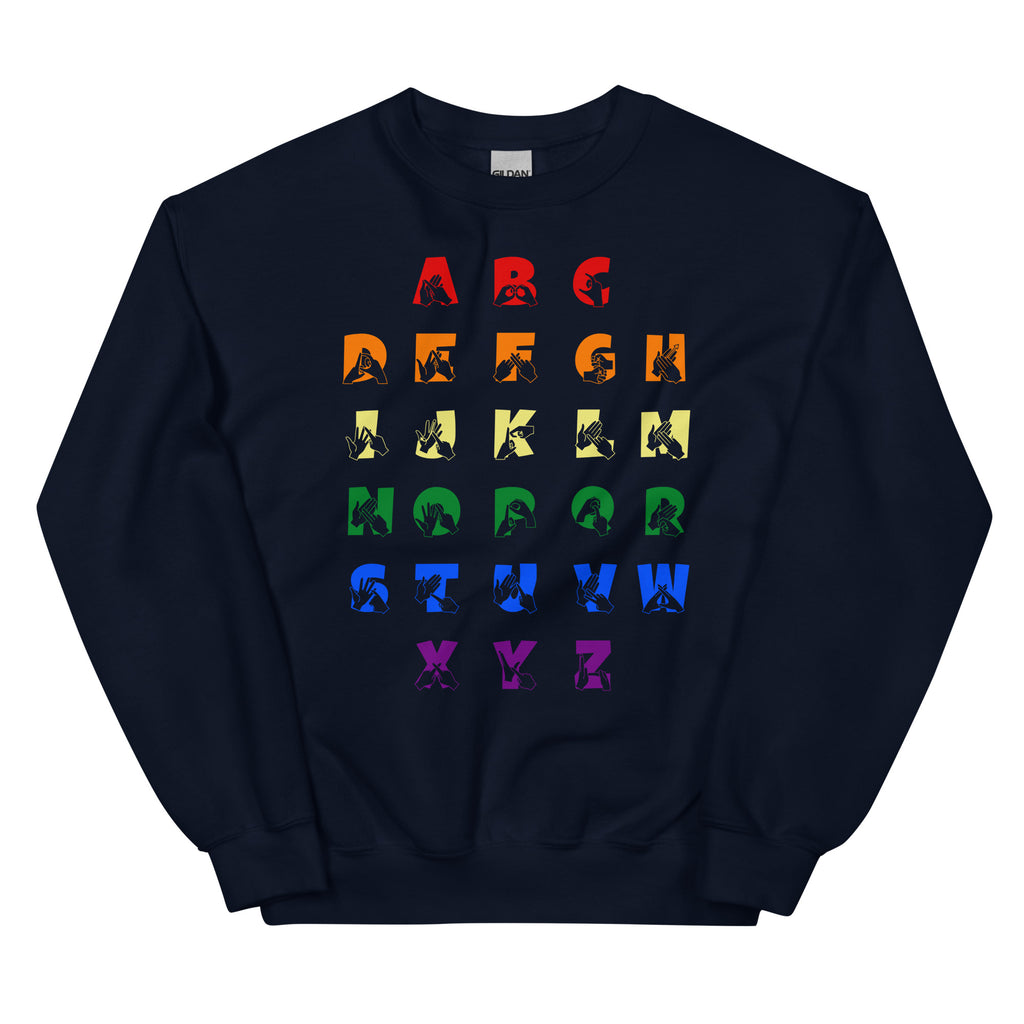 Front view of a navy sweatshirt with BSL Alphabet - Pride Fingerspelling & Text