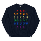 Front view of a navy sweatshirt with BSL Alphabet - Pride Fingerspelling & Text