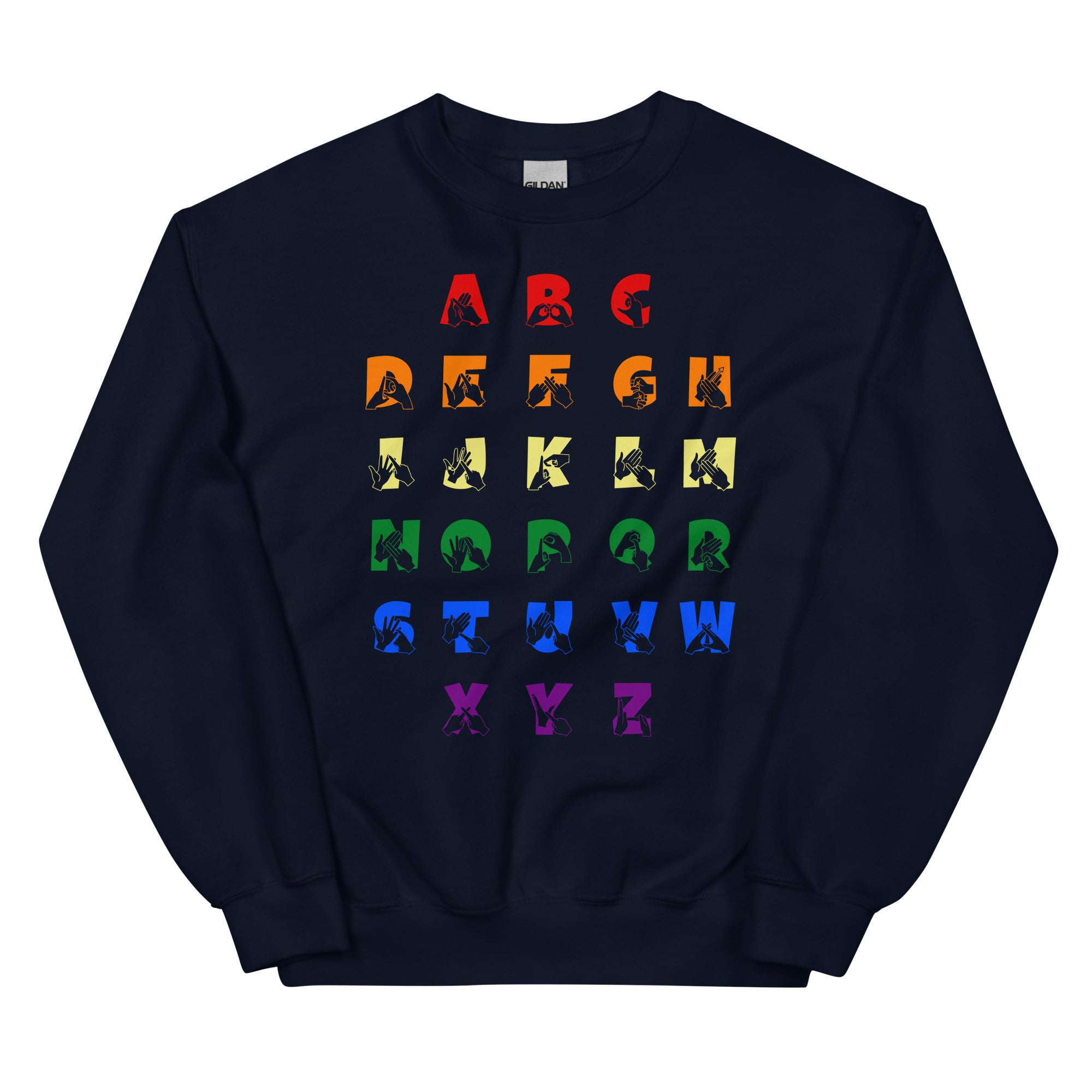 Front view of a navy sweatshirt with BSL Alphabet - Pride Fingerspelling & Text