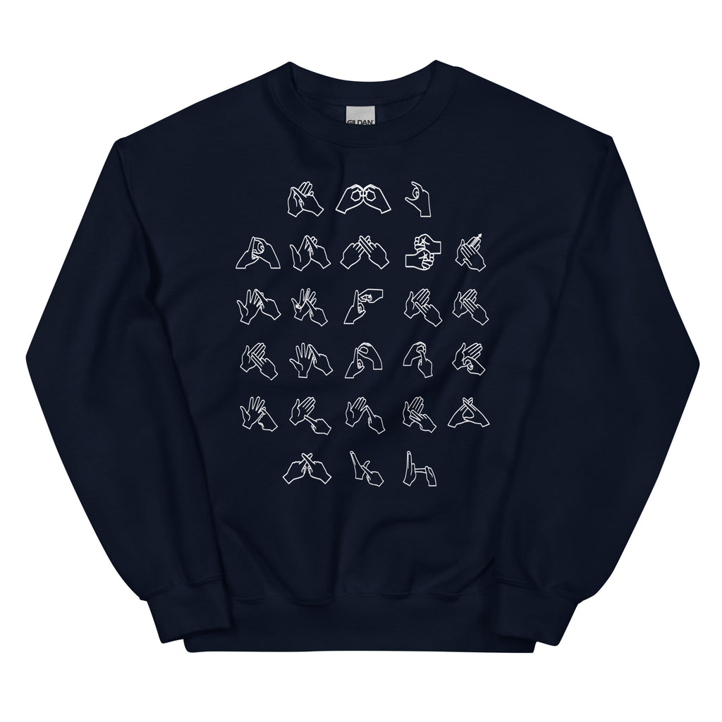 Front view of a navy sweatshirt with BSL Alphabet - White Fingerspelling