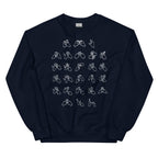 Front view of a navy sweatshirt with BSL Alphabet - White Fingerspelling