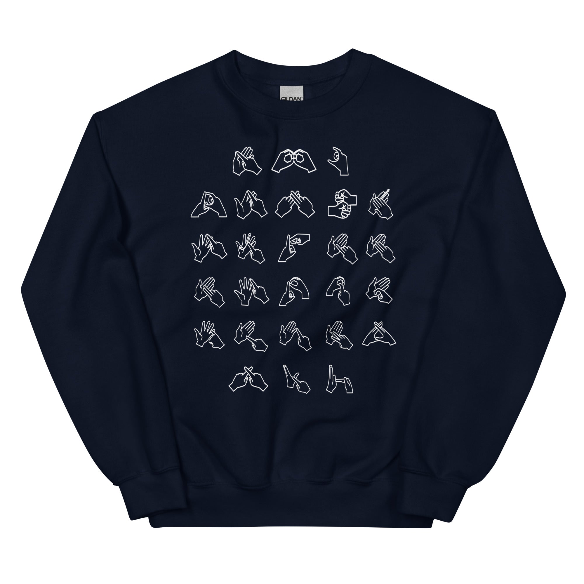 Front view of a navy sweatshirt with BSL Alphabet - White Fingerspelling