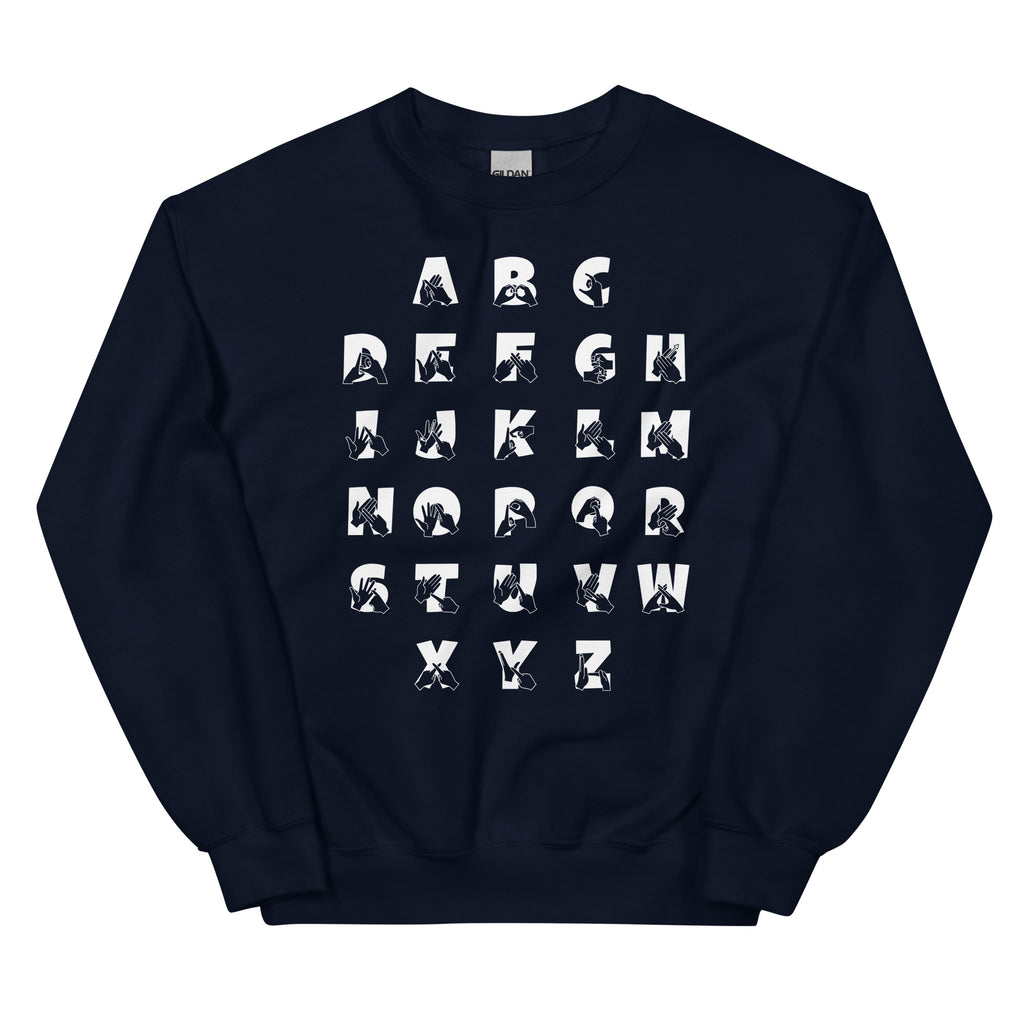 Front view of a navy sweatshirt with BSL Alphabet - White Fingerspelling & Text