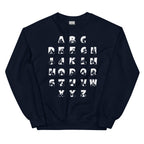 Front view of a navy sweatshirt with BSL Alphabet - White Fingerspelling & Text