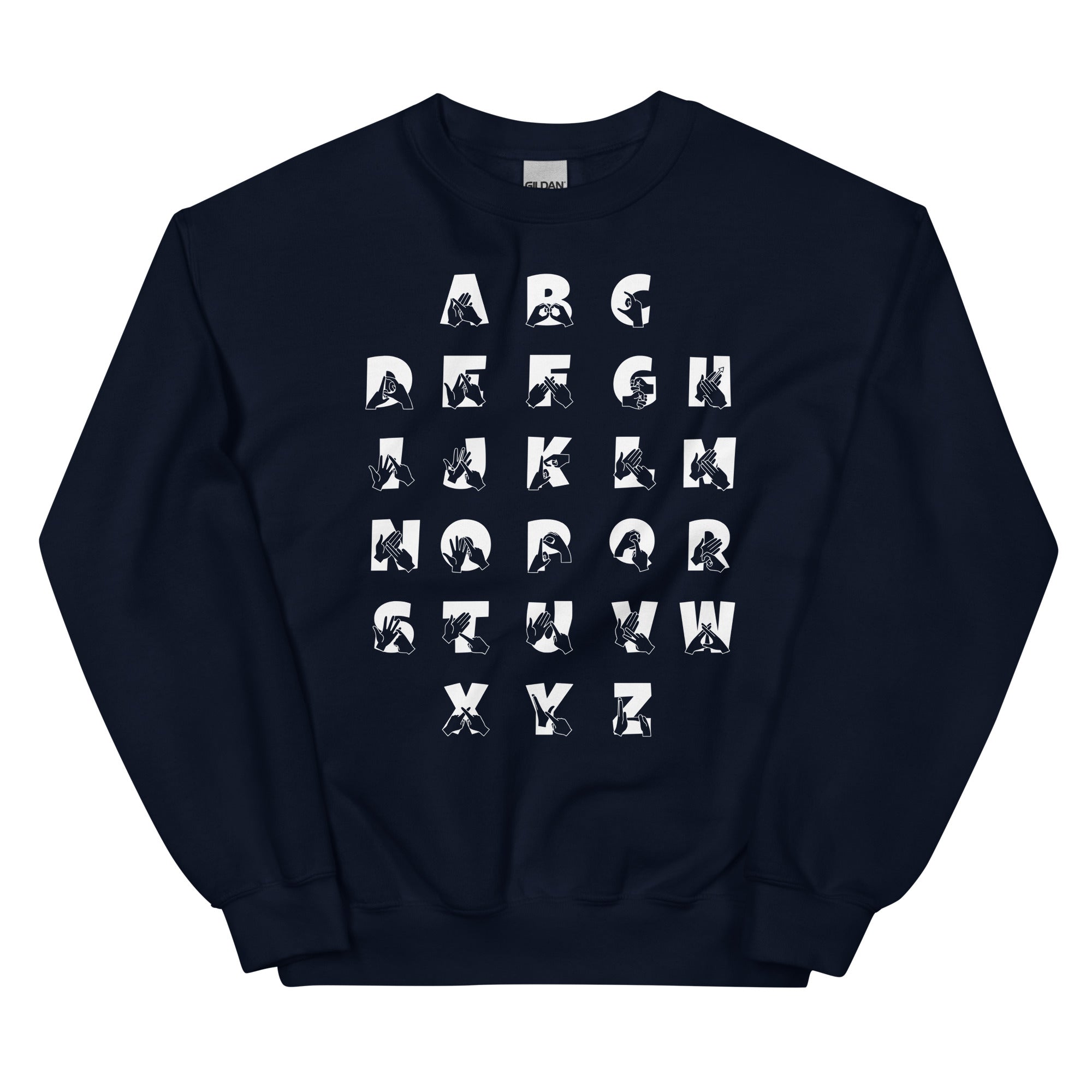 Front view of a navy sweatshirt with BSL Alphabet - White Fingerspelling & Text
