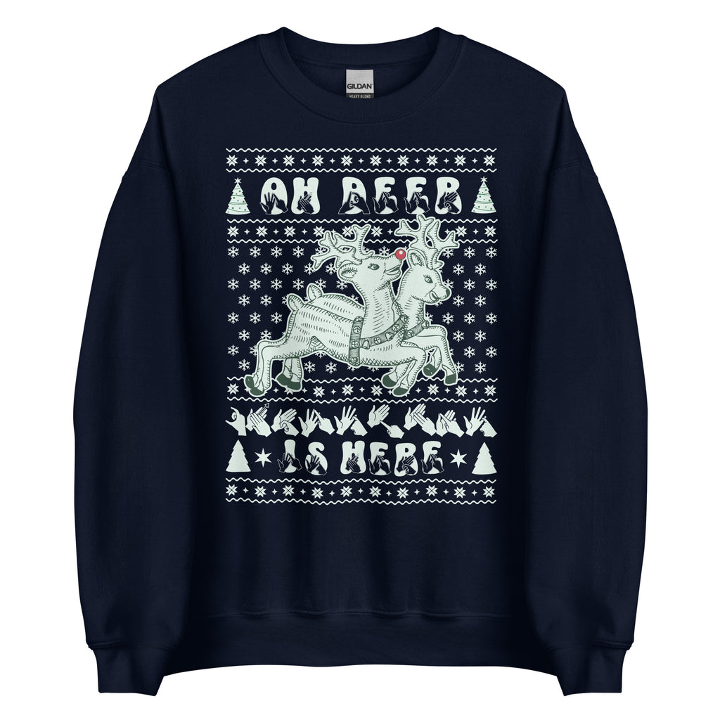 Navy coloured Oh Deer Christmas Is Here sweatshirt with reindeers, snowflakes and BSL design.