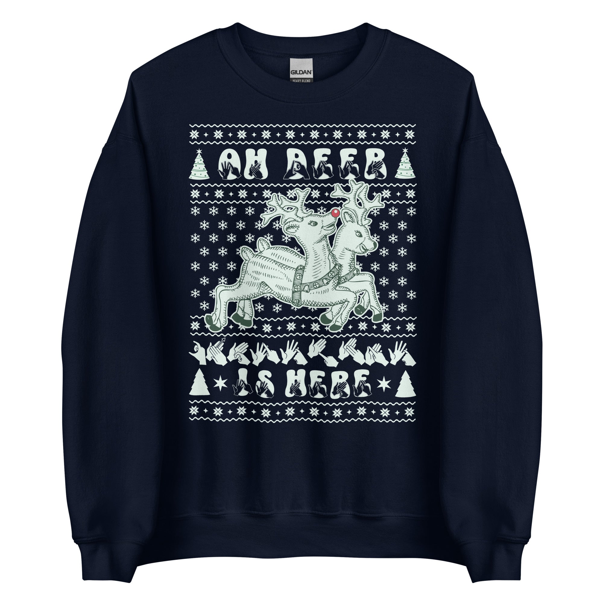Navy coloured Oh Deer Christmas Is Here sweatshirt with reindeers, snowflakes and BSL design.