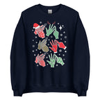 Navy coloured Merry Christmas sweatshirt saying HO HO HO and BSL fingerspelling.