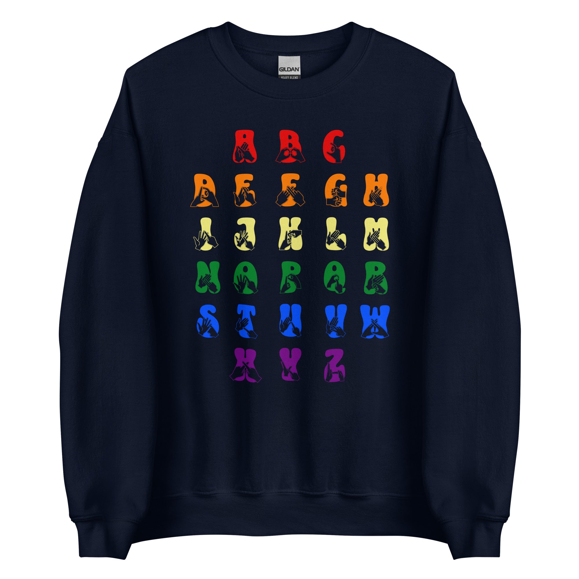Front view of a navy sweatshirt with BSL Alphabet - Pride Fingerspelling & Text