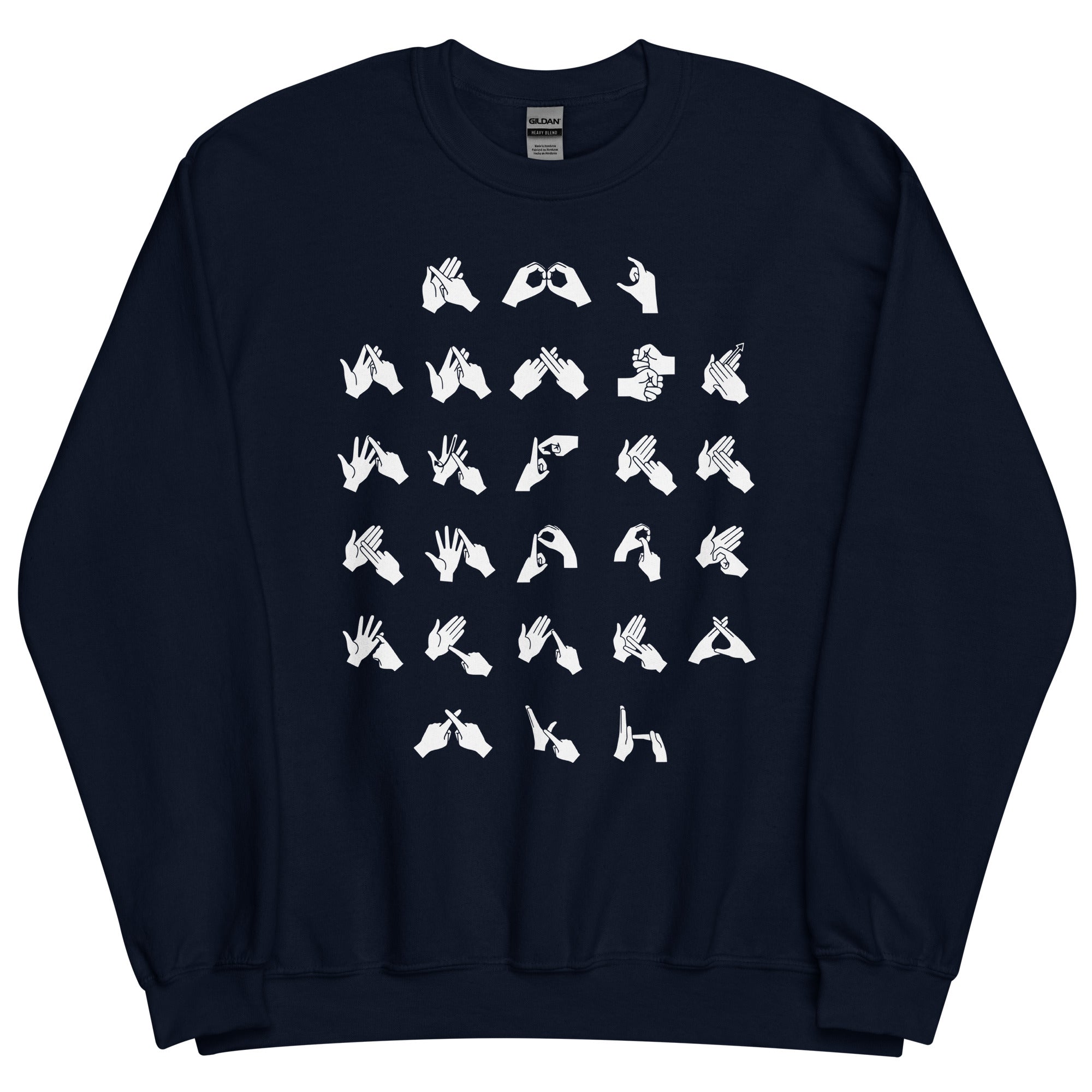 Front view of a navy sweatshirt with BSL Alphabet - White Fingerspelling