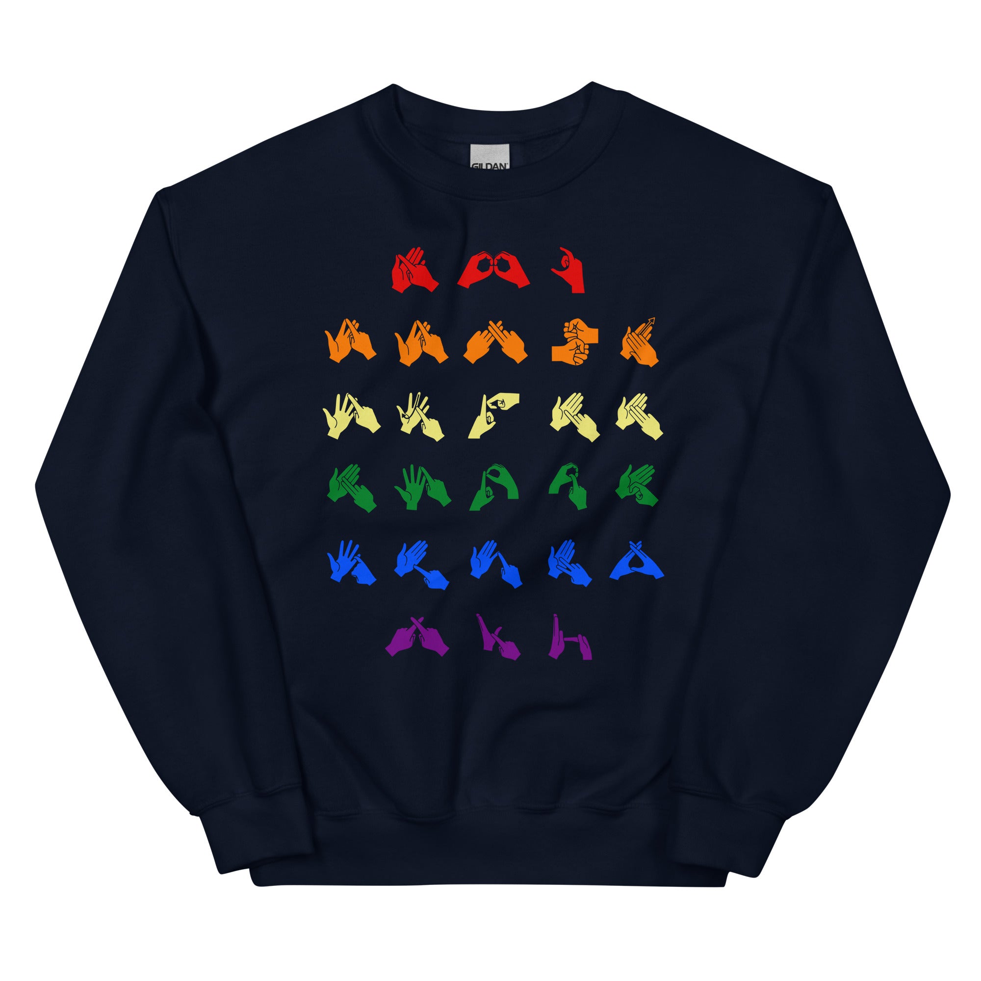 Front view of a navy sweatshirt with BSL Alphabet - Pride Fingerspelling
