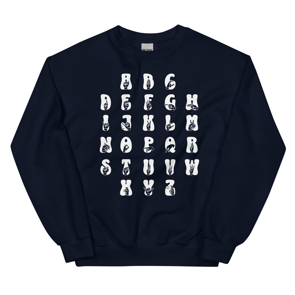 Front view of a navy sweatshirt with ASL Alphabet - White Fingerspelling & Text