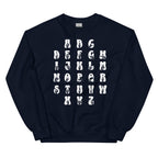 Front view of a navy sweatshirt with ASL Alphabet - White Fingerspelling & Text