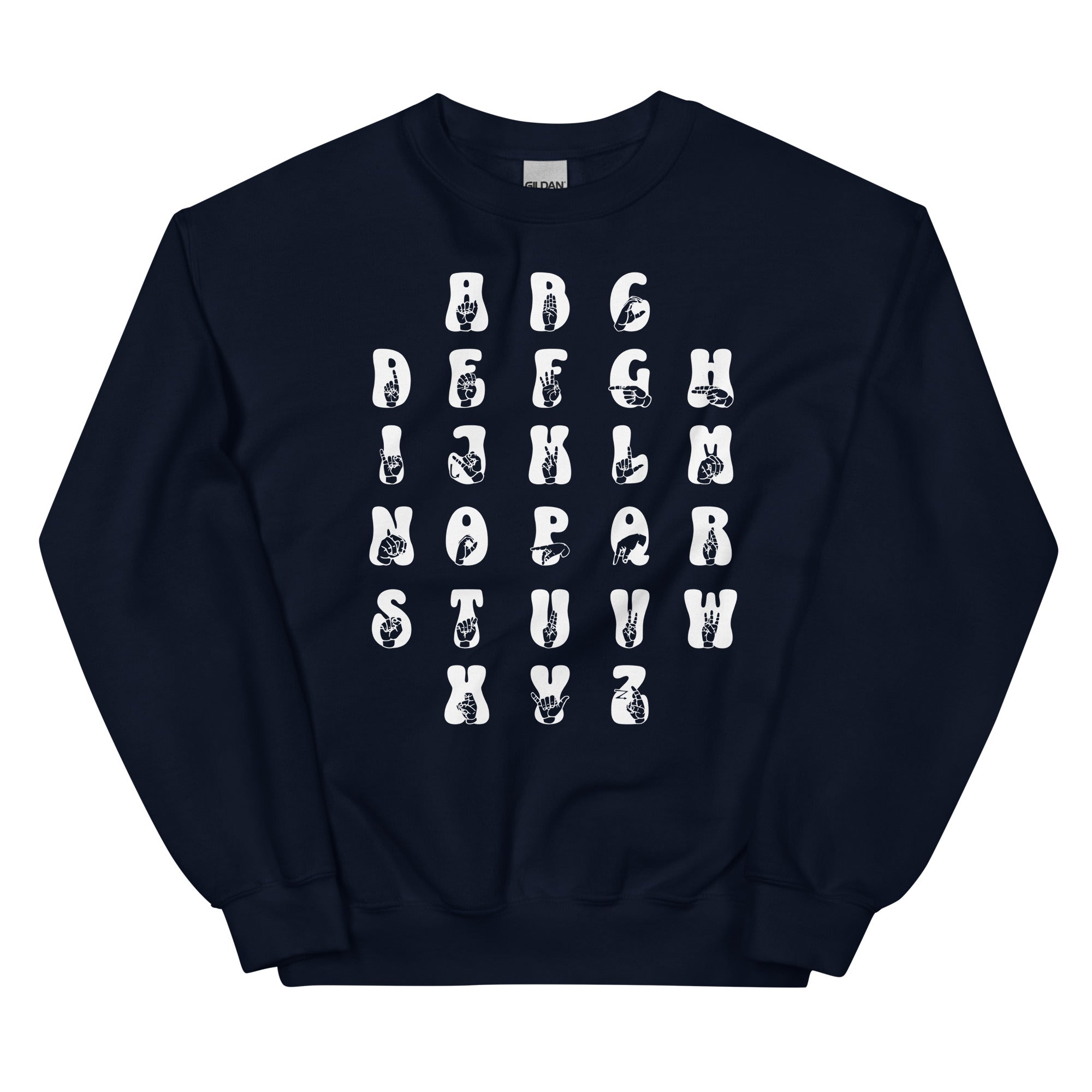 Front view of a navy sweatshirt with ASL Alphabet - White Fingerspelling & Text