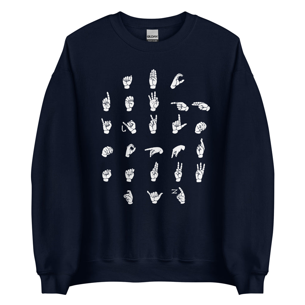 Front view of a navy sweatshirt with ASL Alphabet - White Fingerspelling