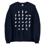 Front view of a navy sweatshirt with ASL Alphabet - White Fingerspelling
