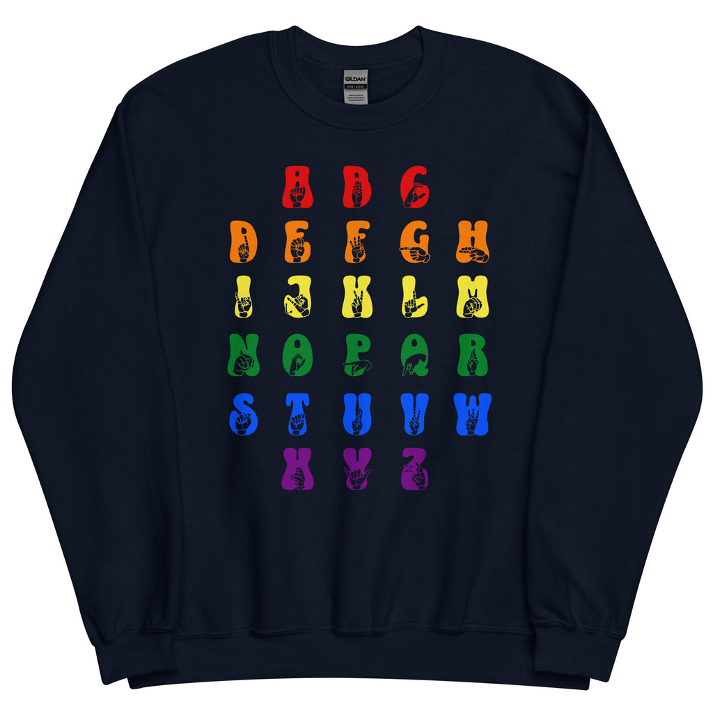 Front view of a navy sweatshirt with ASL Alphabet - Pride Fingerspelling & Text
