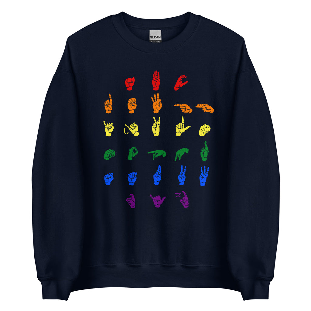 Front view of a navy sweatshirt with ASL Alphabet - Pride Fingerspelling