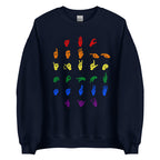 Front view of a navy sweatshirt with ASL Alphabet - Pride Fingerspelling