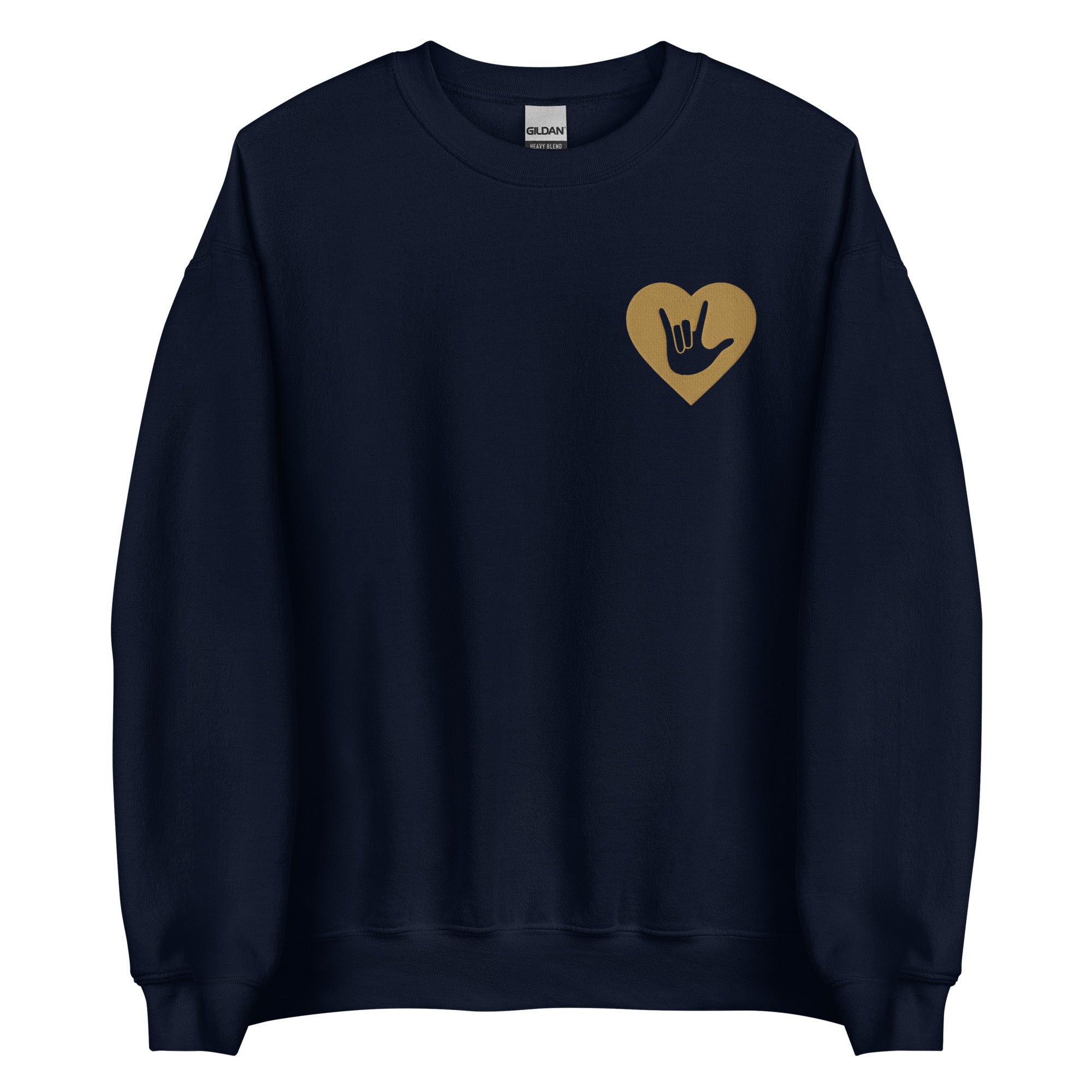 Front view of a navy sweatshirt showing a gold coloured heart and the iconic ASL I Love You sign embedded in it on the left side of the chest