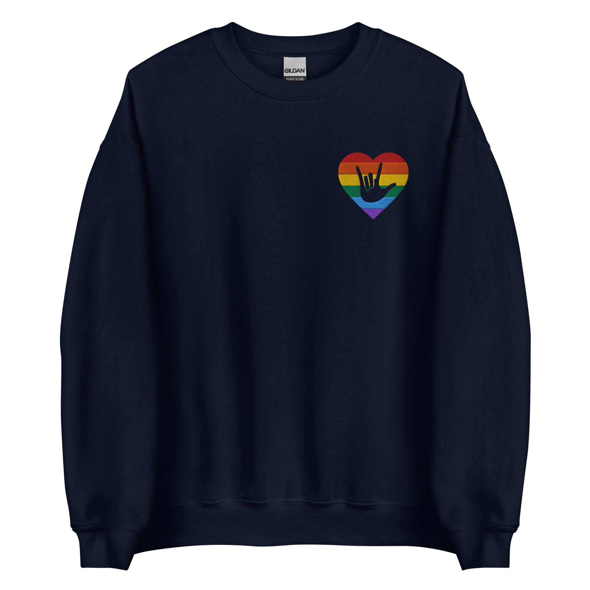 Front view of a navy sweatshirt showing a pride coloured heart and the iconic ASL I Love You sign embedded in it on the left side of the chest