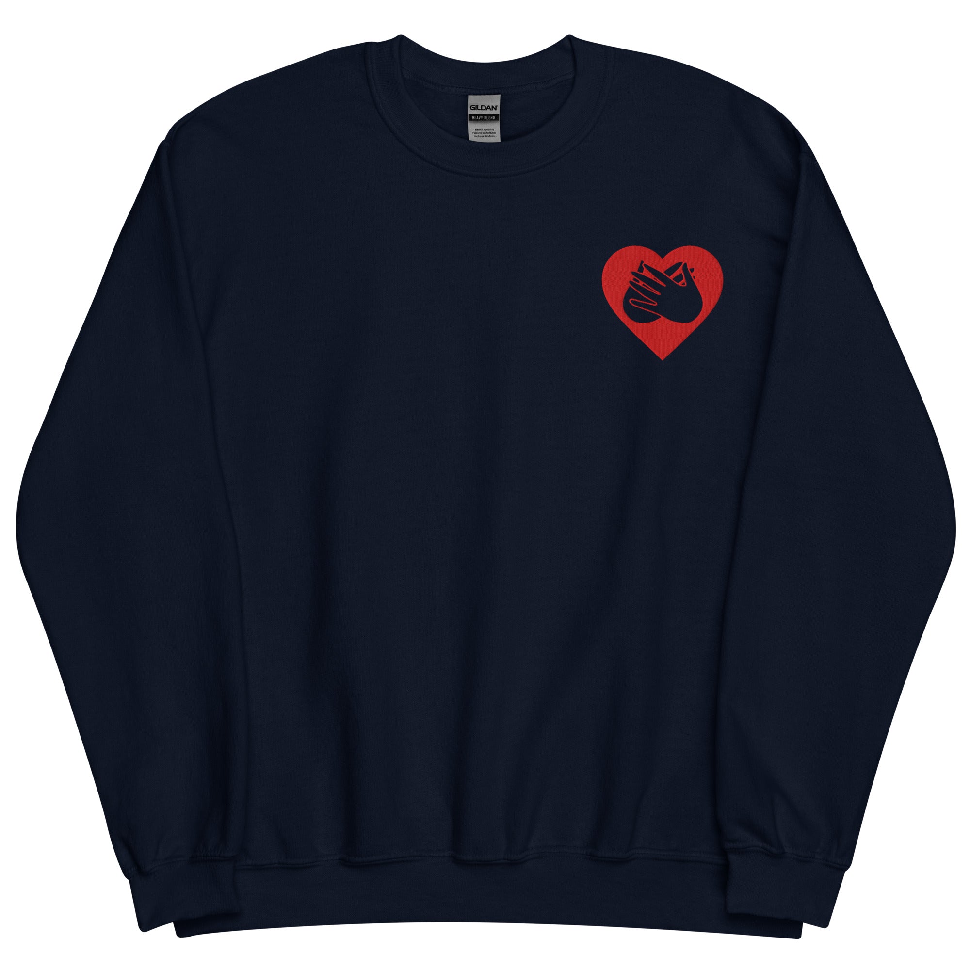 Front view of a navy sweatshirt showing a red coloured heart and the iconic BSL Love sign embedded in it on the left side of the chest